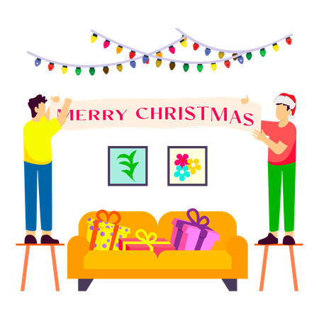 People decorate their homes for the Christmas celebration  Illustration