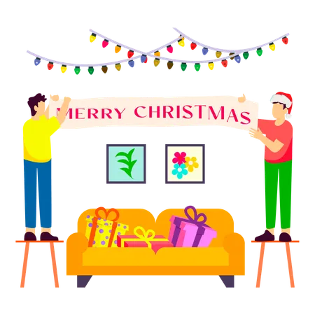 People decorate their homes for the Christmas celebration  Illustration