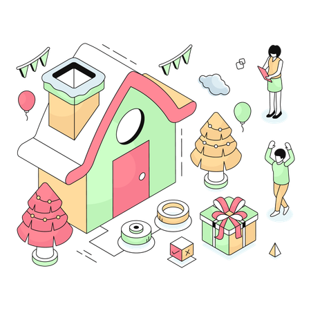 People decorates Christmas House  Illustration