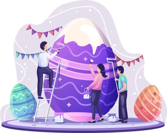People Celebrate Easter Day By Decorating And Painting Giant Easter Eggs Flat Vector Illustration Illustration