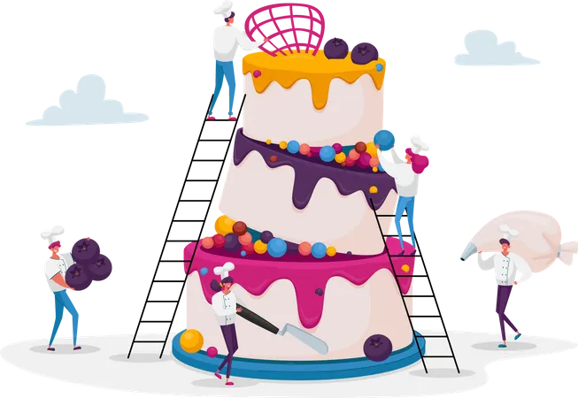 People Cook Festive Cake With Cream And Berries Tiny Characters In Chef Uniform And Cap Decorating Huge Pie Teamwork Bakery Giant Dessert For Birthday Or Wedding Cartoon Vector Illustration Illustration