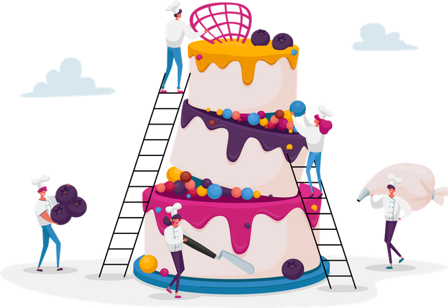 People decorating birthday cake  Illustration