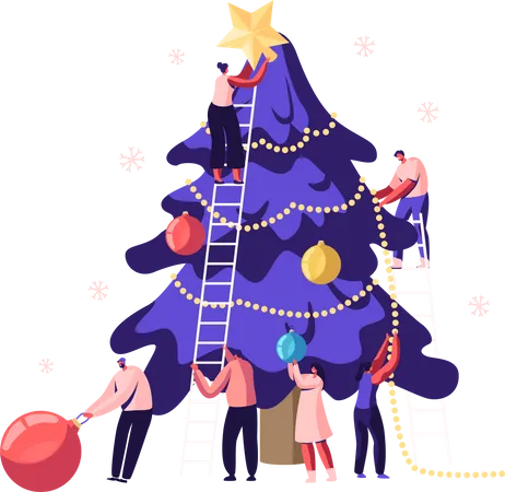 Happy Tiny People Decorate Huge Christmas Tree Together Prepare For Winter Holidays Celebration Friends Hanging Balls And Star On Top Of Spruce New Year Celebrating Cartoon Flat Vector Illustration Illustration