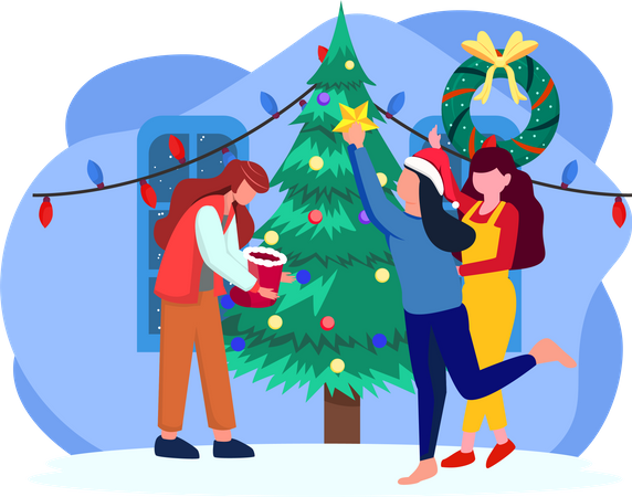 People decorating christmas tree  Illustration