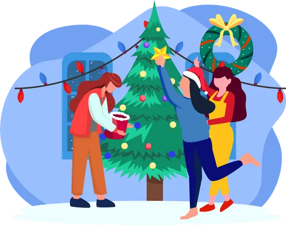 People decorating christmas tree  Illustration