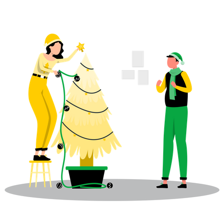 People decorating Christmas tree  Illustration