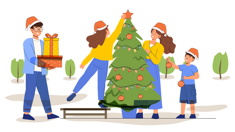 People decorating christmas tree Illustration
