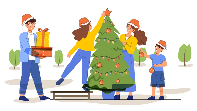 People decorating christmas tree Illustration