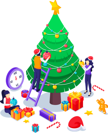 People decorating Christmas tree  Illustration