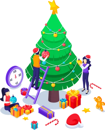 People decorating Christmas tree  Illustration