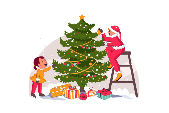 People decorating Christmas tree  Illustration