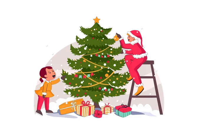 People decorating Christmas tree  Illustration