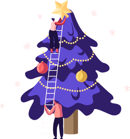 People decorating Christmas tree  Illustration