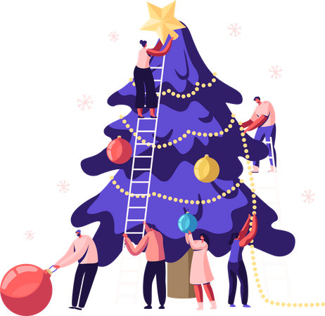 People decorating Christmas tree  Illustration