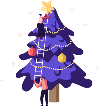 People decorating Christmas tree  Illustration
