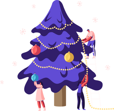 People decorating Christmas tree together Illustration