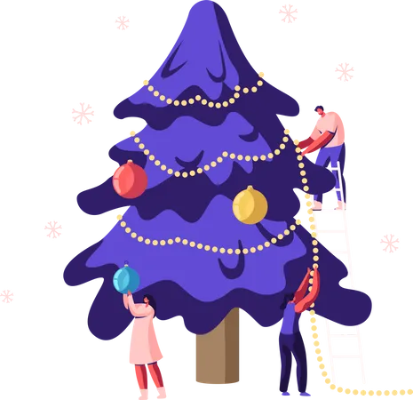 Happy Family Or Friends Company Decorating Christmas Tree With Garlands And Balls Standing On Ladder Festive Preparation For New Year Or Xmas Holidays Celebration Cartoon Flat Vector Illustration Illustration