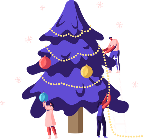 People decorating Christmas tree together  Illustration