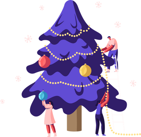 People decorating Christmas tree together  Illustration
