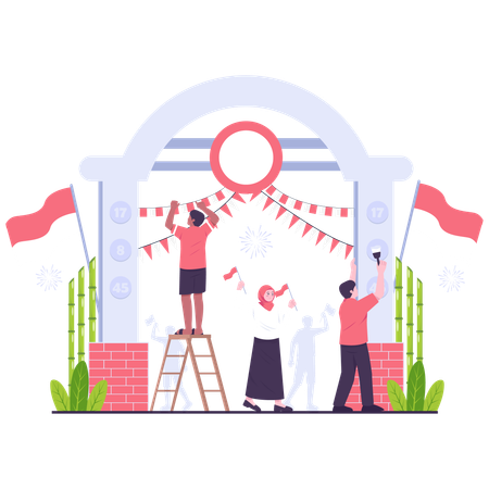 People Decorating for Indonesian Independence Day  Illustration