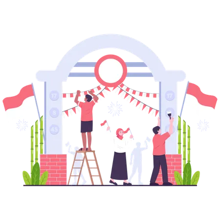 People Decorating for Indonesian Independence Day  Illustration