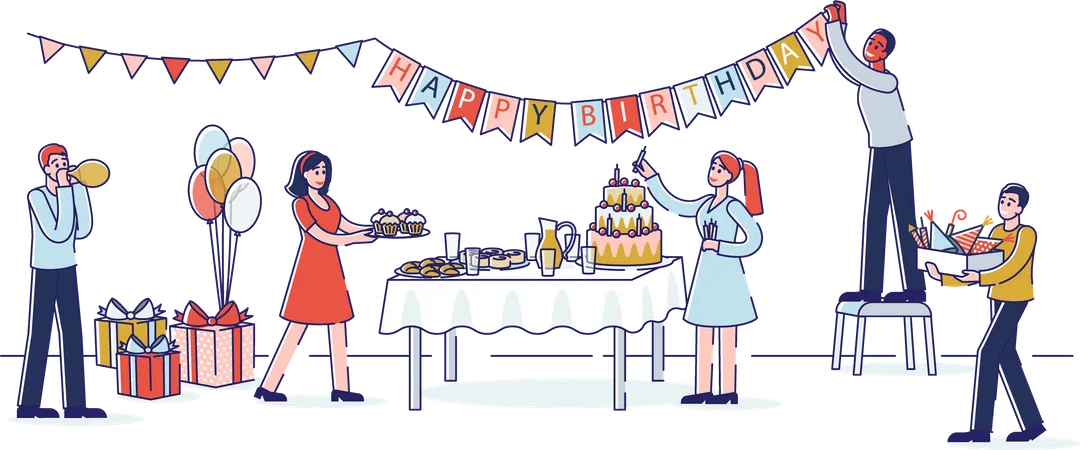 Birthday Party Preparation With People Decorating Room And Holiday Table With Cake Cartoon Characters Preparing For Happy Birthday Event At Home Linear Vector Illustration Illustration