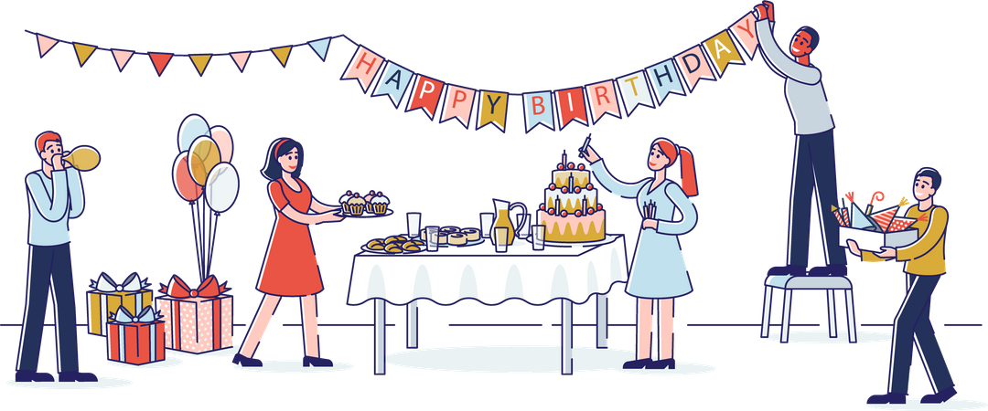People decorating hall for birthday preparation  イラスト