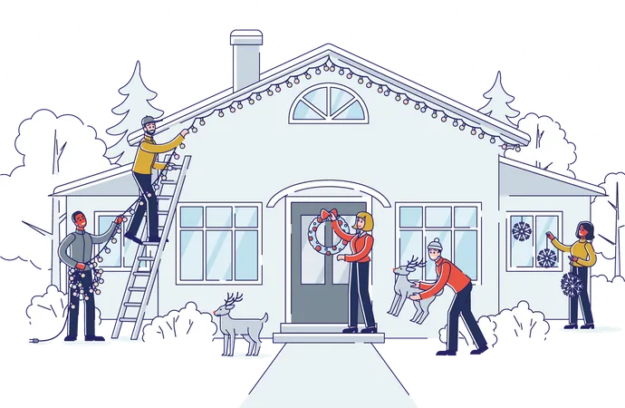 People Decorating House And Garden For Christmas And New Year Holidays Outside Group Of Friends Or Family Putting Garlands And Winter Holidays Decoration Outdoors Linear Vector Illustration Illustration
