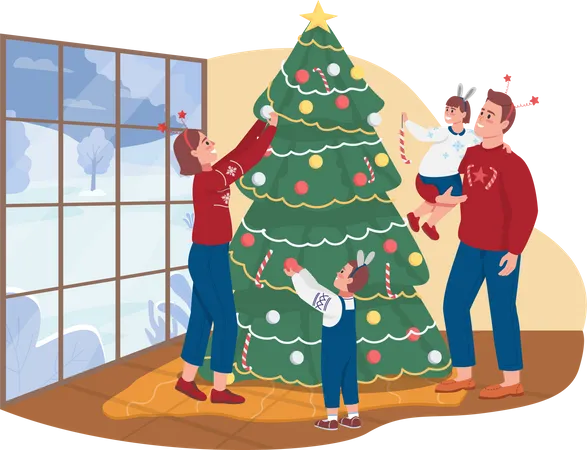Decorating Xmas Tree Together 2 D Vector Isolated Illustration Wintertime Holidays Celebrating Traditions With Parents And Kids Family Flat Characters On Cartoon Background New Year Colourful Scene 일러스트레이션
