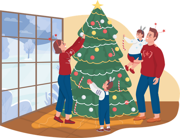 People Decorating xmas tree together  Illustration