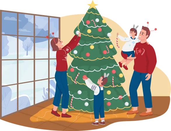 People Decorating xmas tree together  Illustration