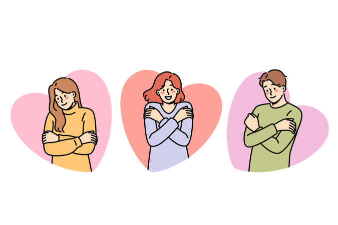 People demonstrate self-love and psychological stability and hug themselves and feeling surge of positive  Illustration