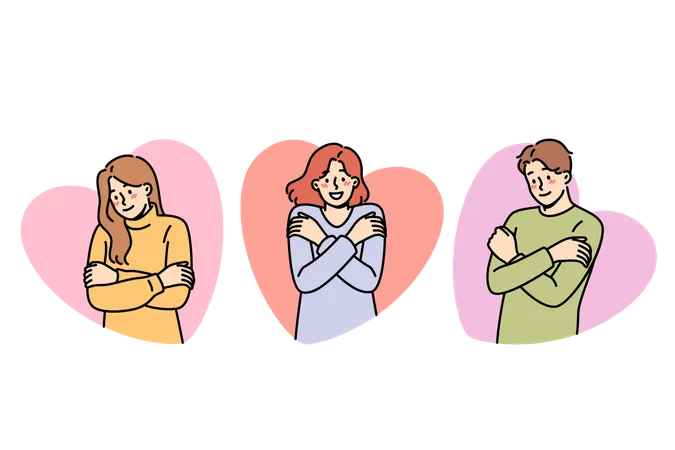 People demonstrate self-love and psychological stability and hug themselves and feeling surge of positive  Illustration