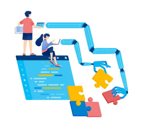 사람들이 AI 언어로 프로그램을 설계하고 로봇 손이 퍼즐을 풀고 있습니다.  일러스트레이션