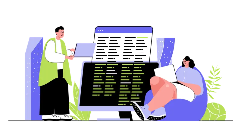 People developers creating code developing programs and software testing applications on screens  Illustration