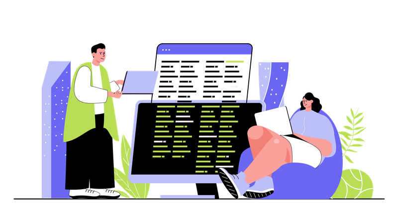 People developers creating code developing programs and software testing applications on screens  Illustration