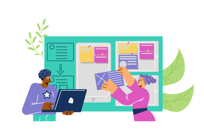 People developing app on laptop  Illustration