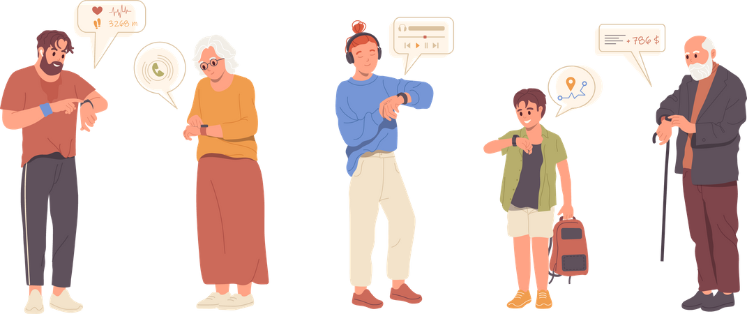 People different age using smartwatch gadget for various purpose  Illustration
