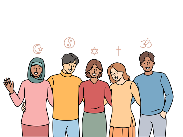 People different religions hug feeling unity and absence of disagreements due to differences faiths  Illustration