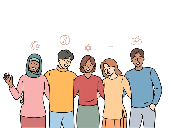 People different religions hug feeling unity and absence of disagreements due to differences faiths  일러스트레이션