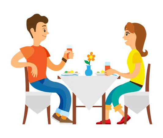 Vacation Of Couple Restaurant And Cafe Vector People Drinking Juice Man And Woman Eating Table With Vase And Flowers Eatery Elegant Breakfast Illustration