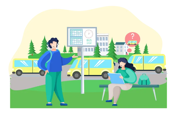 People Discussing About Bus Illustration