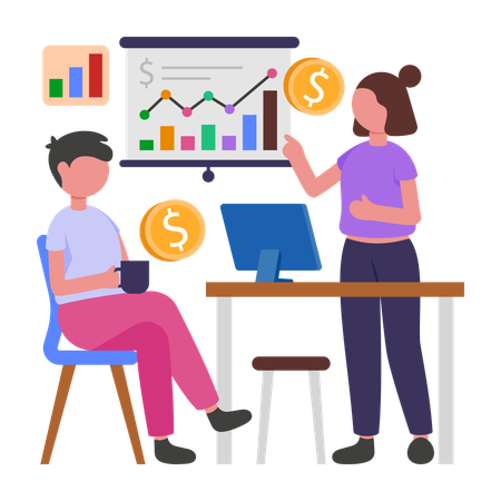 People discussing charts with Financial Advisor  Illustration