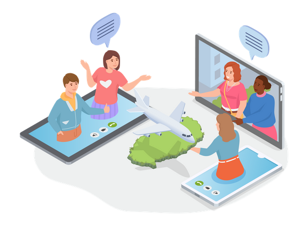 People discussion about vacation on video call Illustration