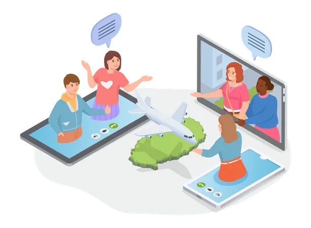 People discussion about vacation on video call Illustration