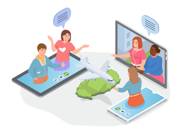 People discussion about vacation on video call  Illustration