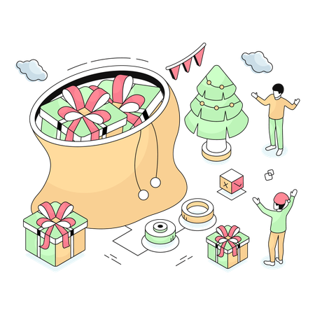 People dispatching gifts from Christmas Bag  Illustration