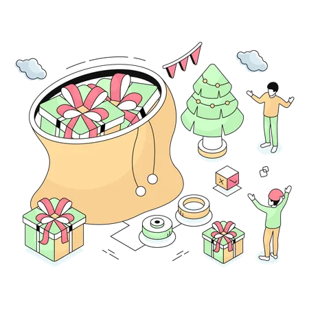 People dispatching gifts from Christmas Bag  Illustration