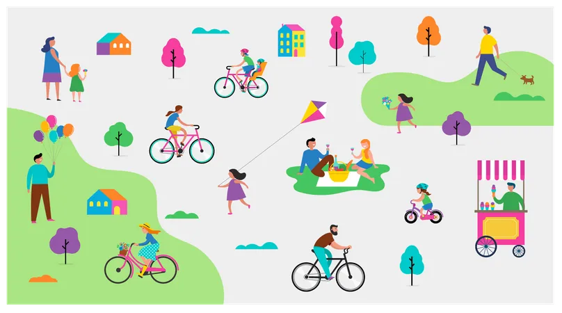 Summer Outdoor Scene With Active Family Vacation Park Activities Illustration With Kids Couples Families Relexing On Nature Walk With Dog Ride Bicycles Illustration