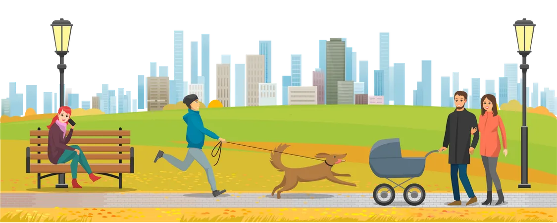 Park Family Walking With Child In Stroller Man Running After Dog People Having Rest Outdoor Urban Park On Background Of High Rise Buildings And Skyscrapers Nature And Architecture In Cityscape Illustration